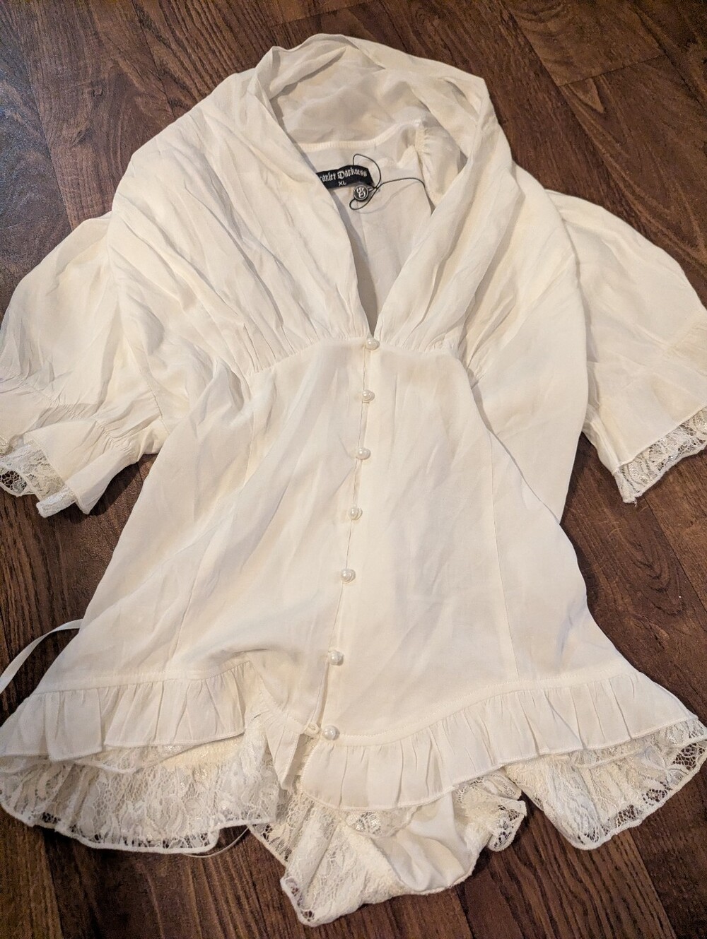 Scarlet Darkness Blouse Victorian Lace Up Short Sleeve Button Down White SZ. XL